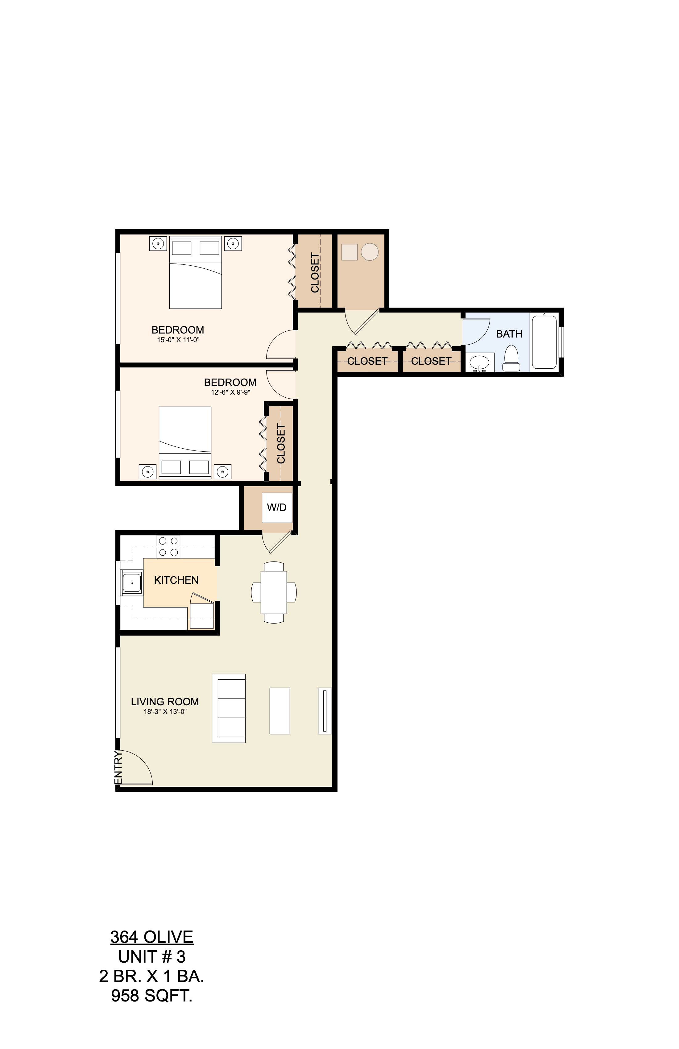 Floor plan for 2 beds, 1 bath, 1070 sqft
